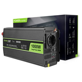 Green Cell INV09 Inversor Coche 12V a 230V 1000/2000W Negro - Convierte Corriente DC a AC, Protección Sobrecarga