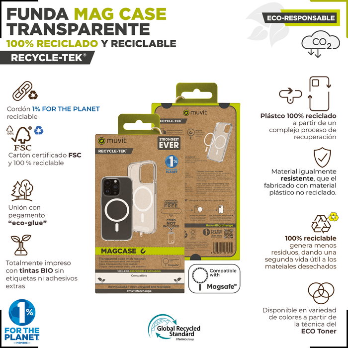 Muvit Funda Recycletek Magsafe para iPhone 15 - Material Reciclado y Reciclable, Protección Ecológica