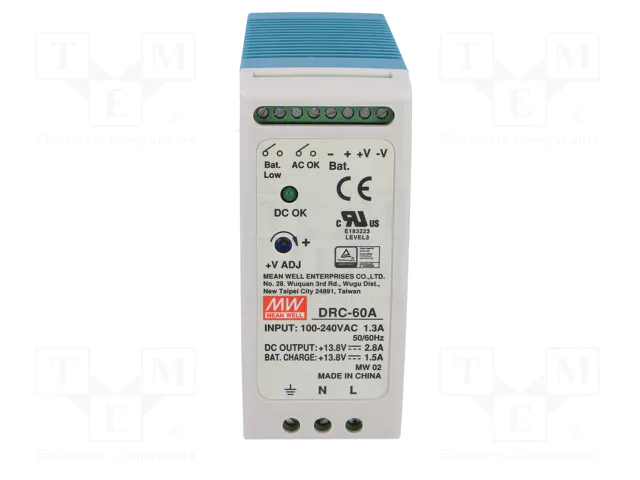 MEAN WELL DRC-60A Fuente de alimentación de impulso buffer para carril DIN 59,34W 13,8VDC