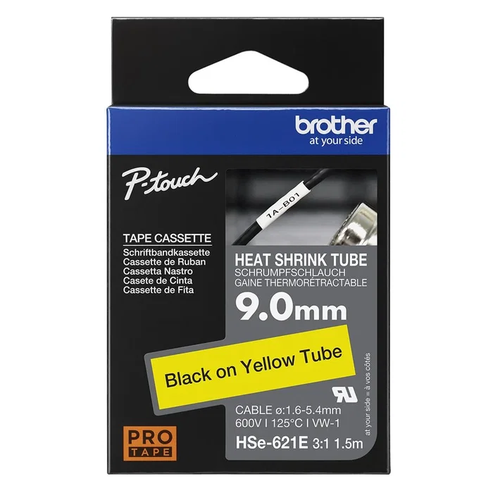 Brother HSE-621E Cinta tubo termorretráctil Negro sobre Amarillo 9mm x 1,5m