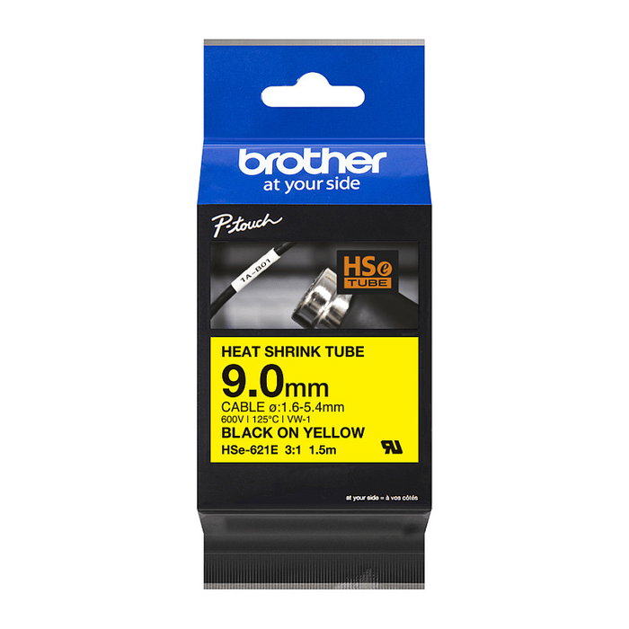 Brother HSE-621E Cinta tubo termorretráctil 9mm x 1,5m Negro/Amarillo