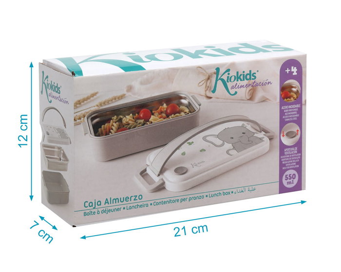 KioKids Caja Almuerzo Rectangular Acero Inoxidable Dolci Amici Elefante +4 meses Gris 550ml Hermética