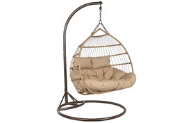 DKD Home Decor Sillón Colgante Terraza y Jardín Ratán Sintético/Aluminio Marrón Claro/Oscuro con Cojines Plegable Doble 61 x 117 x 130 cm