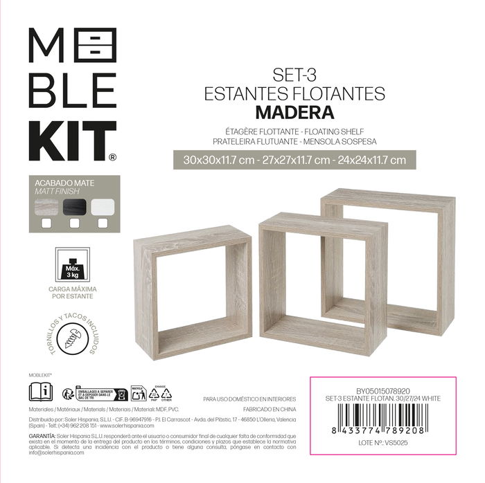 Inde Set 3 Estantes Flotantes 30 cm, 27 cm, 24 cm Blanco Moblekit (4 Unidades)