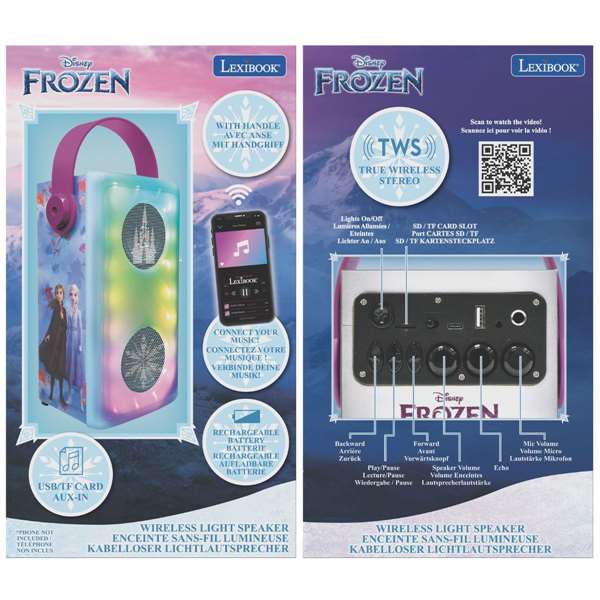 Lexibook Altavoz Bluetooth Frozen con Micrófono y Efectos de Luz, 13 x 33 x 13 cm, para Mayores de 3 Años