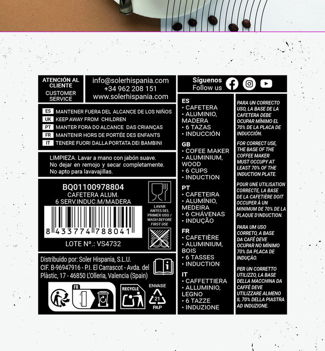 Quttin Cafetera de Aluminio para 6 Servicios Inducción Mango de Madera (6 Unidades)