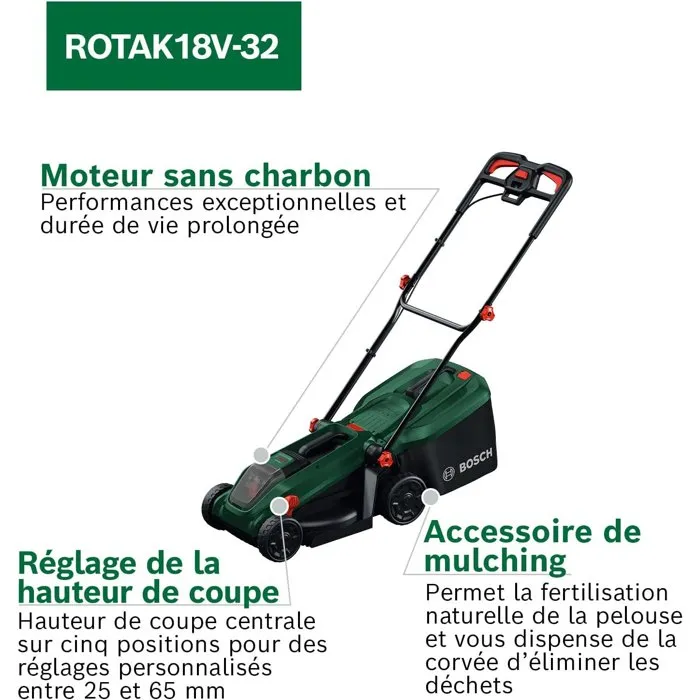 Bosch ROTAK18V-32 Cortacésped inalámbrico, Ancho de corte 32 cm, Incluye bolsa recolectora 35 L, función mulching, batería y cargador