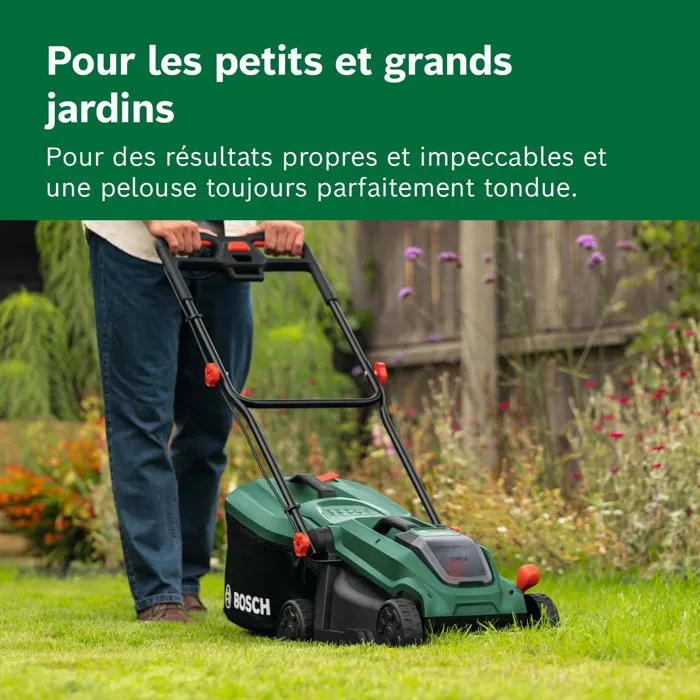 Bosch ROTAK18V-32 Cortacésped inalámbrico, Ancho de corte 32 cm, Incluye bolsa recolectora 35 L, función mulching, batería y cargador
