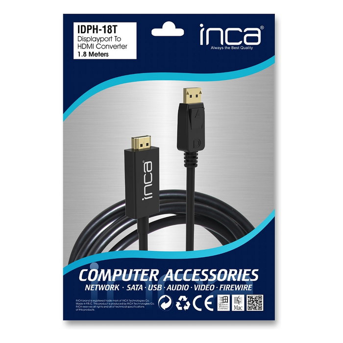 INCA IDPH-18T Cable DisplayPort a HDMI 1.8m Macho-Macho Negro, Velocidad 10.2 Gbit/s