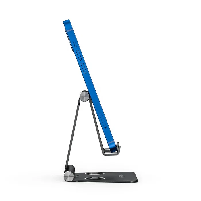 Aisens MS2PM-090 Soporte de Sobremesa Plegable para Móvil y Tablet, Aluminio, Ajustable, Tamaño M (7"), Pasivo, Negro, con Agujero para Carga