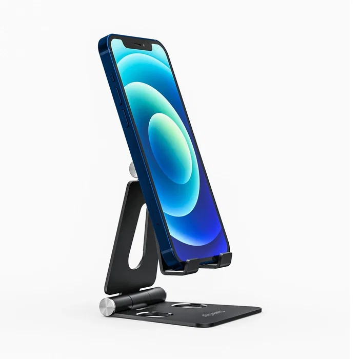 Aisens MS2PM-090 Soporte de Sobremesa Plegable para Móvil y Tablet, Aluminio, Ajustable, Tamaño M (7"), Pasivo, Negro, con Agujero para Carga