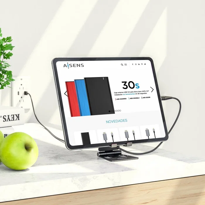 Aisens MS2PM-090 Soporte de Sobremesa Plegable para Móvil y Tablet, Aluminio, Ajustable, Tamaño M (7"), Pasivo, Negro, con Agujero para Carga