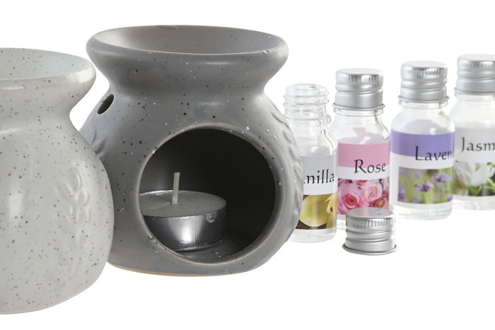 DKD Home Decor Quemador Shabby Gris Blanco Metal 9 x 17 x 17 cm Set de 5 Piezas con 4 Aromas