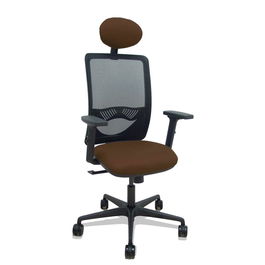 Silla de oficina Zulema con mecanismo Sincro tapizada con Tela color Marrón oscuro y malla color Negro. Equipada con lumbar 1D, Brazos 2D, Cabecero Fijo y Ruedas 65mm nailon