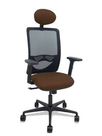 Silla de oficina Zulema con mecanismo Sincro tapizada con Tela color Marrón oscuro y malla color Negro. Equipada con lumbar 1D, Brazos 2D, Cabecero Fijo y Ruedas 65mm nailon