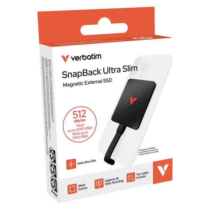 Verbatim SnapBack Ultra Slim SSD Externo 512GB, USB-C 3.2 Gen 2x2, Hasta 2050 MB/s, Negro - 32335