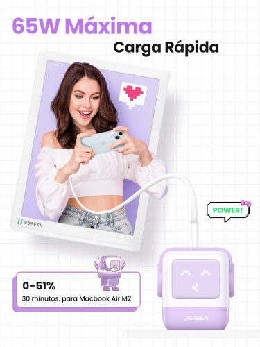 UGREEN 35291 Cargador Nexode RG 65W GaN 3 Puertos USB C/A Carga Rápida, Pantalla LED, Rosa