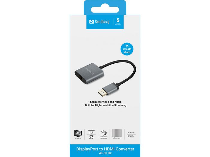 Sandberg Adaptador DisplayPort 1.4 a HDMI 2.0 4K 60 Hz para Vídeo y Audio de Alta Calidad