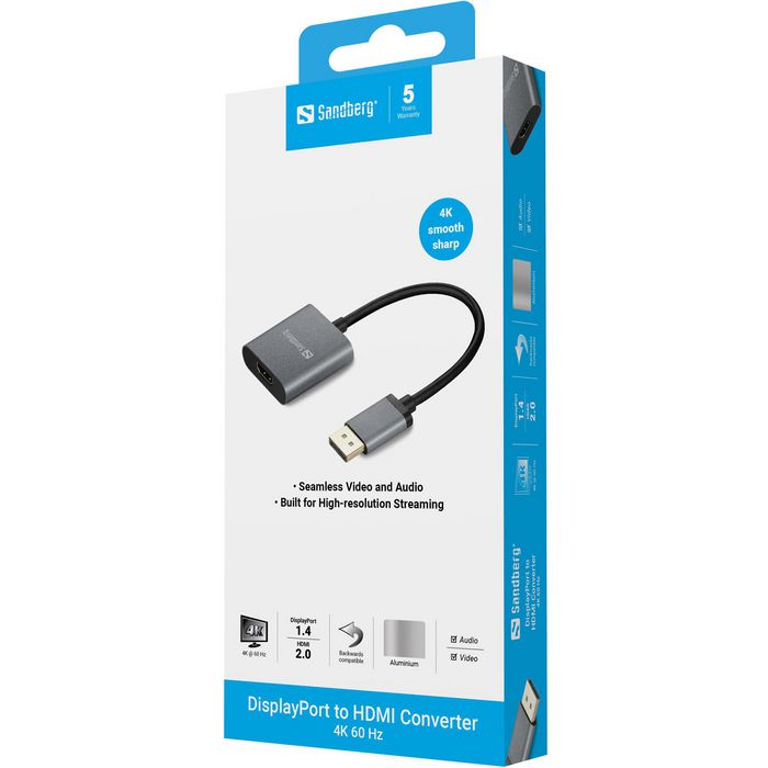 Sandberg Adaptador DisplayPort 1.4 a HDMI 2.0 4K 60 Hz para Vídeo y Audio de Alta Calidad