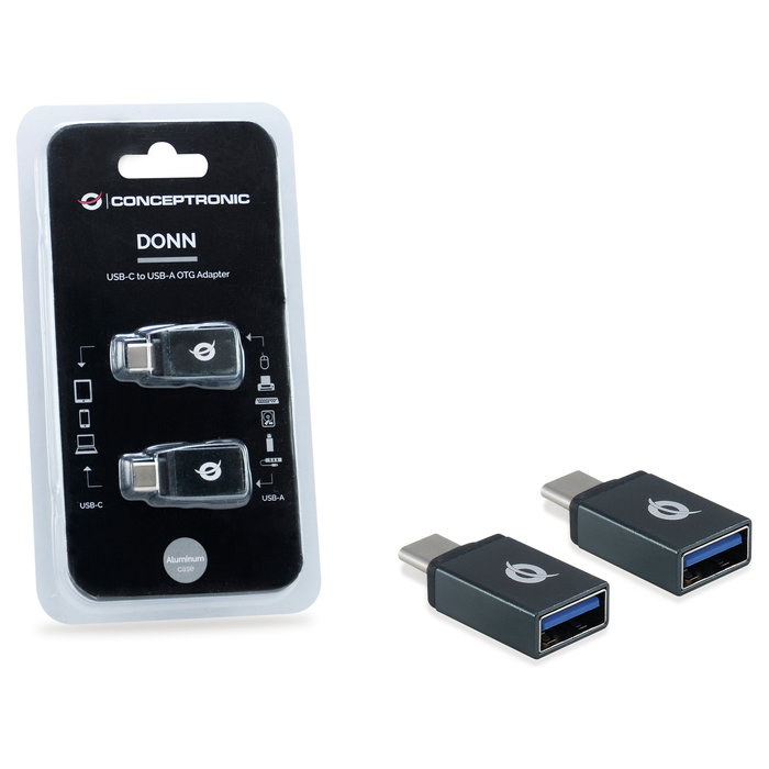 Conceptronic DONN03G Adaptador USB-C 3.2 Gen 1 Macho a USB-A 3.0 Hembra, 5 Gbps, Negro, Pack de 2 Unidades