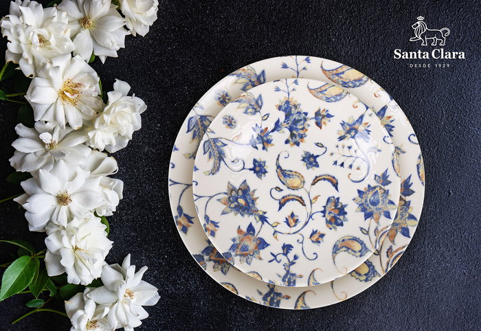 Santa Clara Vajilla 12P Porcelana Ivory Decorada Modelo Aloia, Impresión Digital, Lavavajillas y Microondas