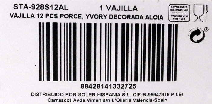 Santa Clara Vajilla 12P Porcelana Ivory Decorada Modelo Aloia, Impresión Digital, Lavavajillas y Microondas