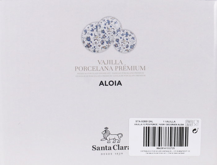 Santa Clara Vajilla 12P Porcelana Ivory Decorada Modelo Aloia, Impresión Digital, Lavavajillas y Microondas