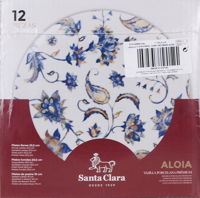 Santa Clara Vajilla 12P Porcelana Ivory Decorada Modelo Aloia, Impresión Digital, Lavavajillas y Microondas