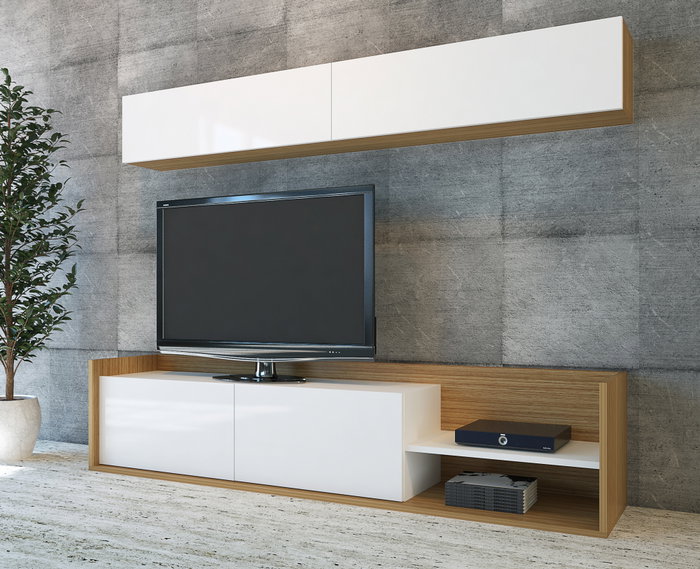 Hanah Home Mueble TV Kale, Blanco y Teca, 180 cm, Tablero Partículas Melamina, Moderno