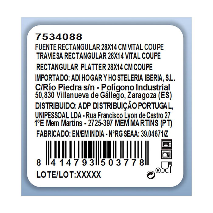 Fuente Rectangular Porcelana Vital Coupe Ariane 28x14 cm