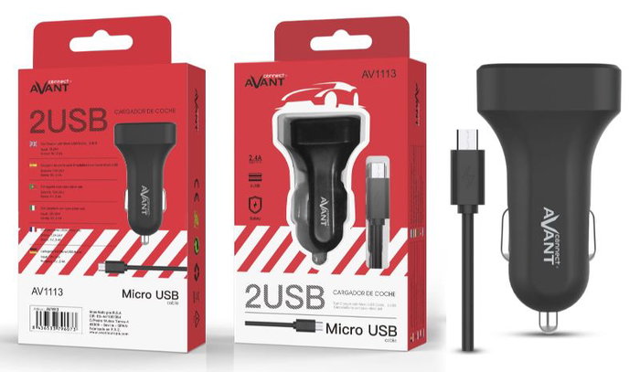 AVANT CONNECT Cargador de Coche Doble Puerto 2.4A + Cable Micro USB Negro - Modelo AVANT