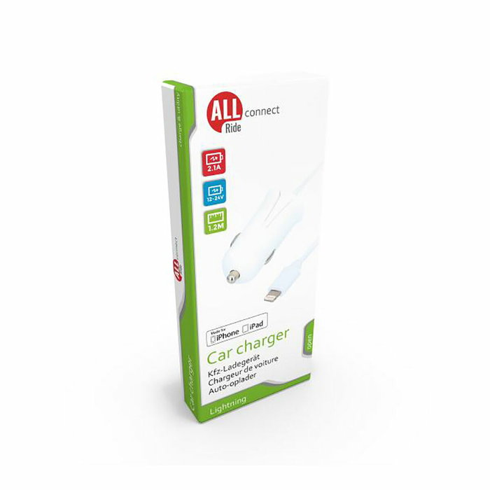 All Ride Cargador de automóvil para iPhone e iPad 2,1A Blanco All Ride Cargador de automóvil para iPhone e iPad 2,1A Blanco