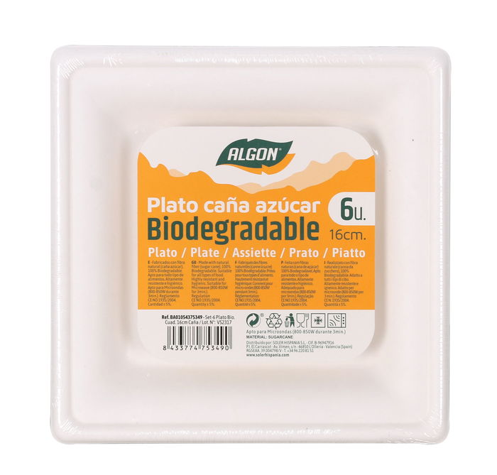 Algon Set-6 Plato Cuadrado Caña 16 cm (24 Unidades)
