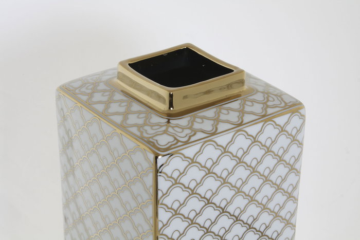DKD Home Decor Jarrón de Porcelana Scrat Blanco y Dorado 14,5x14,5x30 cm