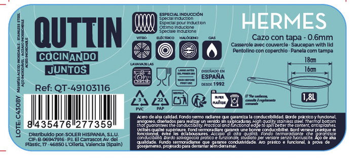 Hermes Cazo Acero Inoxidable 16 cm (1.8L) con Tapa (8 Unidades)