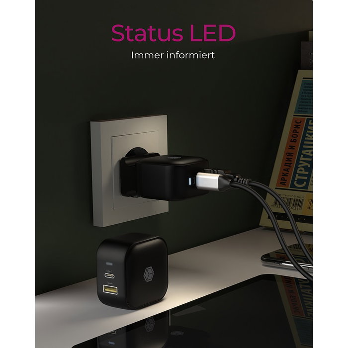 ICY BOX Cargador 38W IB-PS106-PD 2 Puertos USB-A/C con Carga Rápida Quick Charge 3.0 y USB Power Delivery 3.0 para Interior, Negro