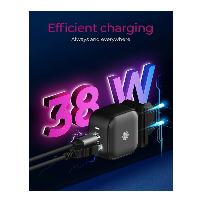 ICY BOX Cargador IB-PS106-PD 38W con puerto USB-C y USB-A, Negro
