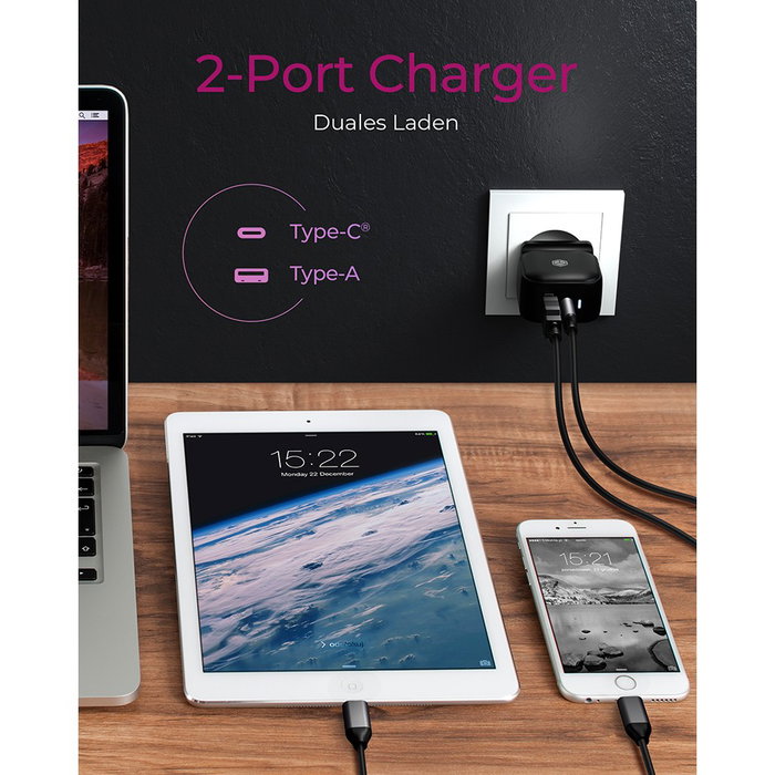 ICY BOX Cargador 38W IB-PS106-PD 2 Puertos USB-A/C con Carga Rápida Quick Charge 3.0 y USB Power Delivery 3.0 para Interior, Negro