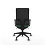Silla de oficina Horna con mecanismo Sincro tapizada con Tela color Verde esmeralda y malla color Negro. Equipada con lumbar 1D, Brazos 1D y Ruedas 65 mm parqué