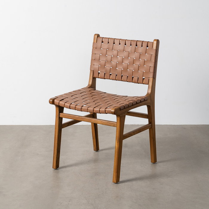 Silla Marrón Madera Teca-Piel Salón 50 X 56 X 87 cm Silla Marrón Madera Teca-Piel Salón 50 X 56 X 87 cm