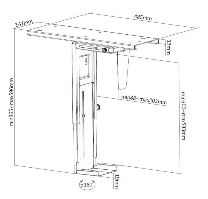 Equip 650892 Soporte para CPU bajo escritorio giratorio 360°, de acero color negro, capacidad máxima 10 kg