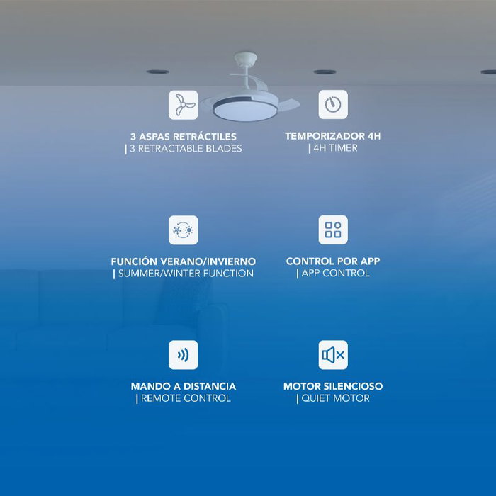 DAEWOO Ventilador de Techo 36 Pulgadas con Aspas Retráctiles, Motor 30W, LED 25W, 3 Temperaturas, Control por App