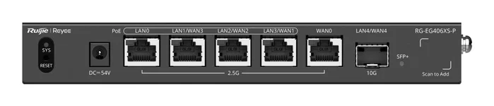 Ruijie RG-EG406XS-P Router VPN con 5 puertos 2.5GbE, 4 PoE+ y 1x10GE SFP+