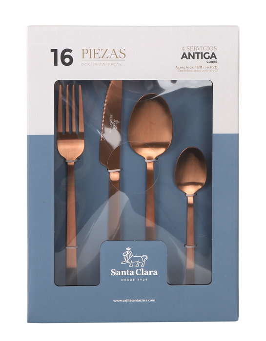 Santa Clara Cubertería de Acero Inoxidable 16 Piezas Antiga Cobre - 28,4 cm de Alto (6 Unidades)