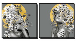 DKD Home Decor Cuadro Moderno Mujer Flores Gris Amarillo Lienzo PS 100 x 100 cm (2 Unidades)