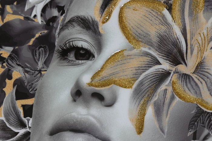 DKD Home Decor Cuadro Moderno Mujer Flores Gris Amarillo Lienzo PS 100 x 100 cm (2 Unidades)