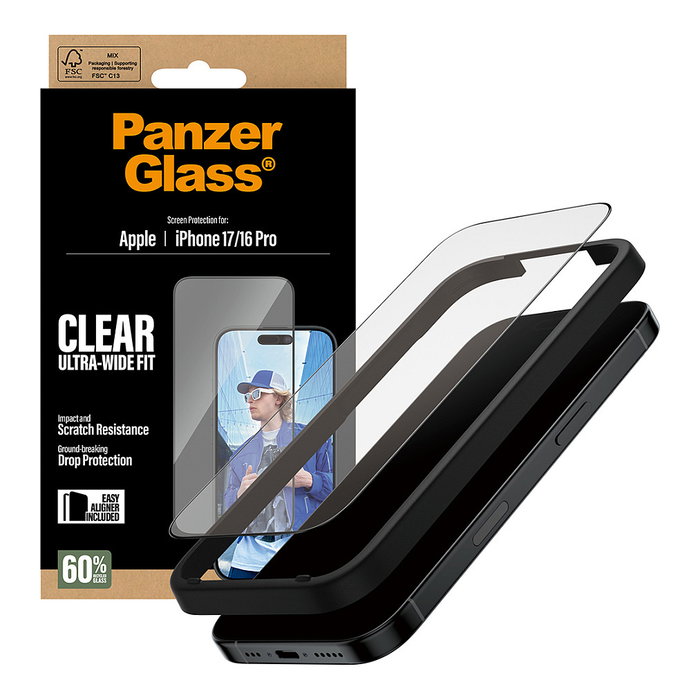 PanzerGlass Protector de Pantalla Ultra-Wide Fit con EasyAligner para iPhone 17 y iPhone 16 Pro