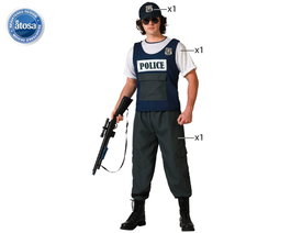 Disfraz de Policía Hombre Adulto - Chaleco, Gorra, Camiseta y Pantalón - Talla XL - Negro/Azul