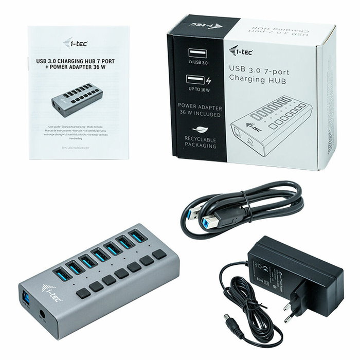 I-Tec USB 3.0 Charging HUB 7 puertos con adaptador 36 W Gris