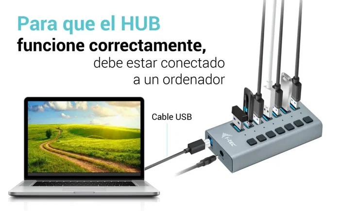 i-tec U3CHARGEHUB7 Hub USB 3.0 con 7 Puertos y Adaptador 36W para Carga y Transferencia de Datos, Compatible con PC, Mac, Laptop